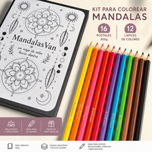 Cargar imagen en el visor de la galería, Kit de Mandalas para Colorear 16 Postales Premium 300g + 12 Lápices