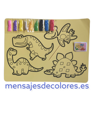 Cargar imagen en el visor de la galería, Lámina adhesiva para colorear con arena, mostrando un diseño detallado y un paquete con 9 colores de arena