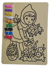 Cargar imagen en el visor de la galería, Lámina adhesiva para colorear con arena, mostrando un diseño detallado y un paquete con 9 colores de arena