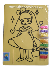 Cargar imagen en el visor de la galería, Lámina adhesiva para colorear con arena, mostrando un diseño detallado y un paquete con 9 colores de arena