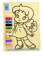 Cargar imagen en el visor de la galería, Lámina adhesiva para colorear con arena, mostrando un diseño detallado y un paquete con 9 colores de arena.