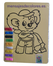 Cargar imagen en el visor de la galería, Lámina adhesiva para colorear con arena, mostrando un diseño detallado y un paquete con 9 colores de arena