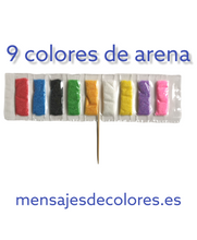 Cargar imagen en el visor de la galería, Vista de las 9 bolsas de arena de colores (rojo, verde, negro, amarillo, dorado, blanco, morado, azul y rosa)