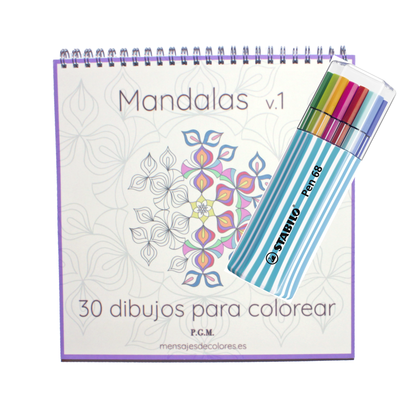 Pack : Libro de Colorear Mandalas v.1 y Rotuladores – Mensajes de Colores