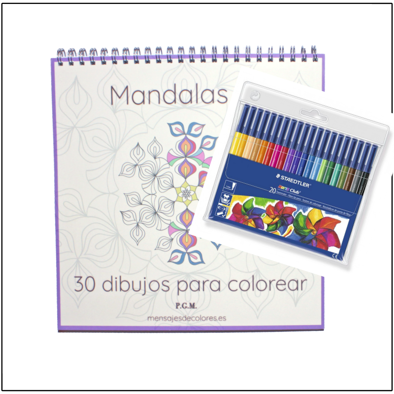 Pack : Libro de Colorear Mandalas v.1 y Rotuladores – Mensajes de Colores