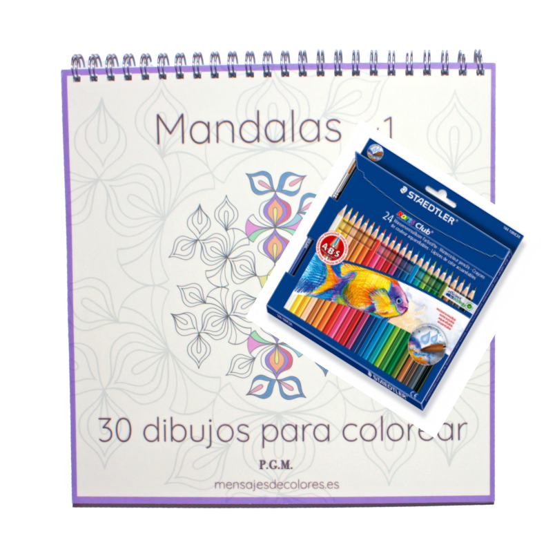 Pack : Libro de Colorear Mandalas v.1 y 24 lápices de colores acuarelables Noris